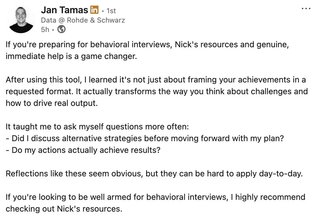 LinkedIn testimonial recommending Score My Interview for behavioral interview preparation