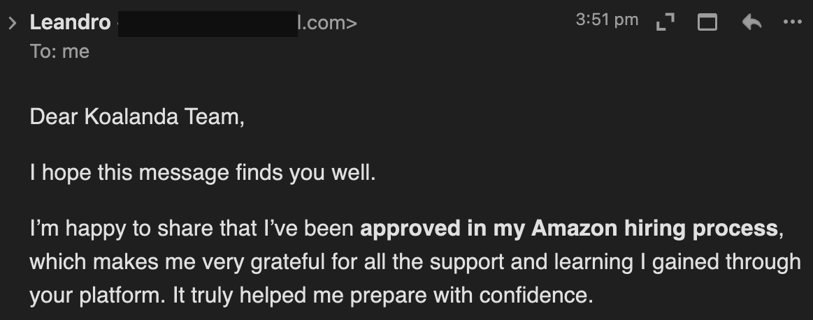 Email testimonial from a candidate approved in the Amazon hiring process after using Score My Interview
